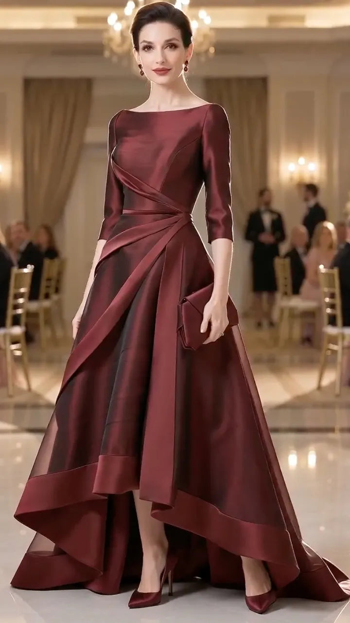 Burgundy Satin Draped High‐Low Formal Gown