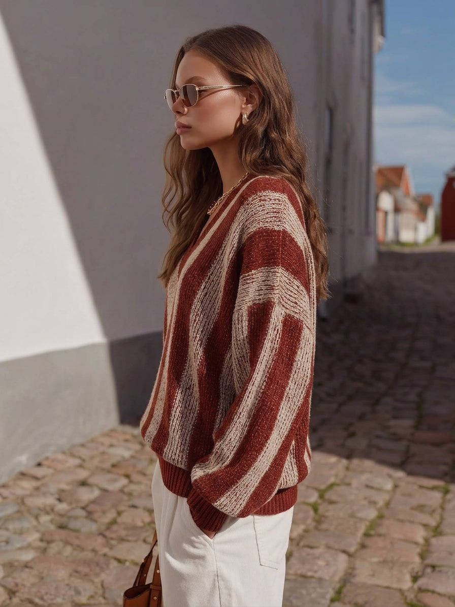 Bohemian Rust Beige Vertical Stripe V Neck Loose Knit Sweater