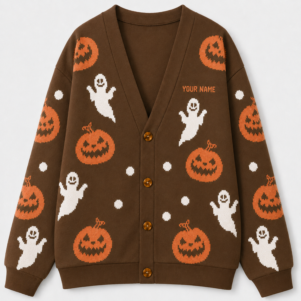 Chaotic Club Personalized Brown All-Over Ghost Pumpkin Cardigan