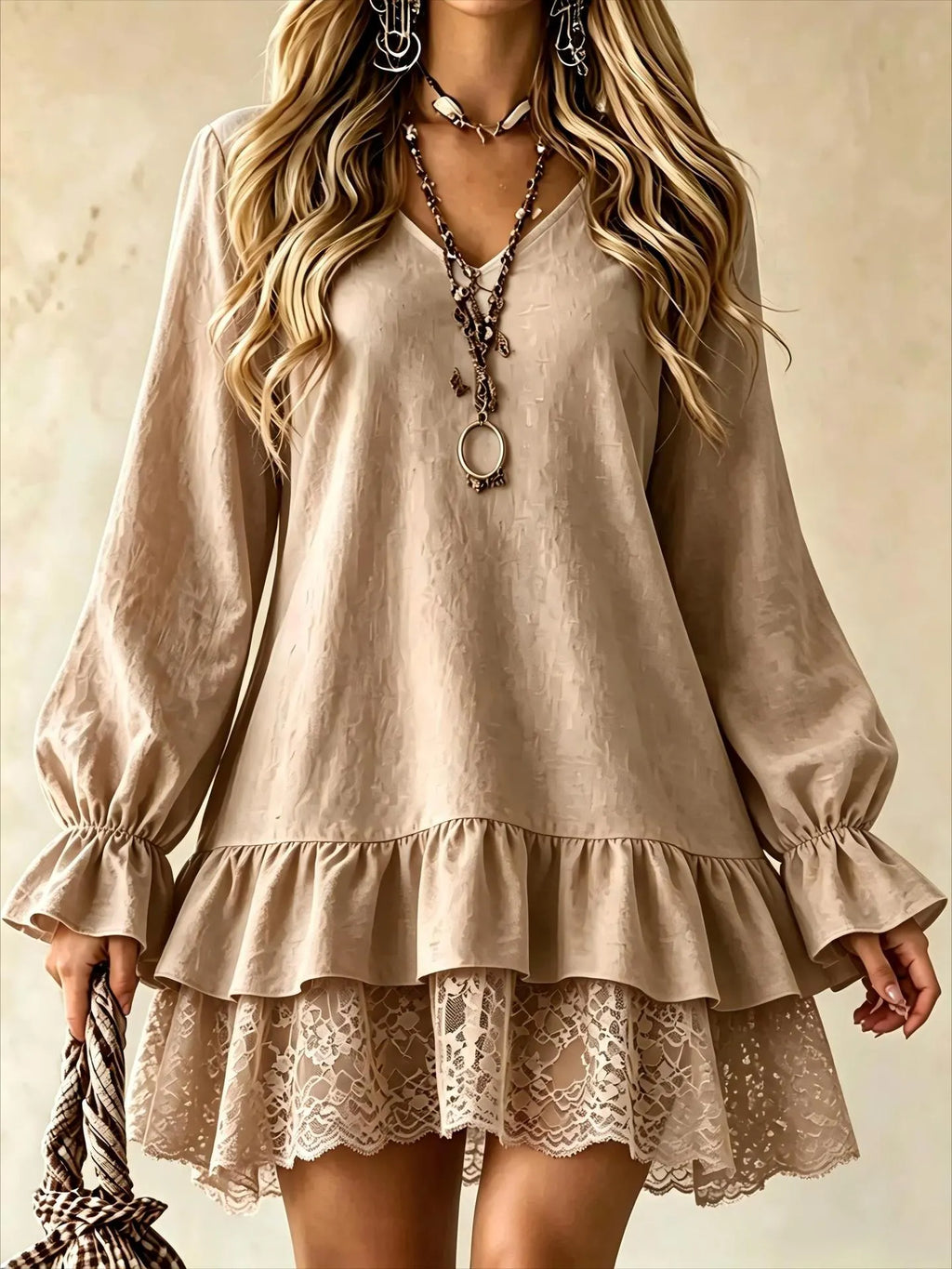 Long-Sleeve Dress with Lace Panels