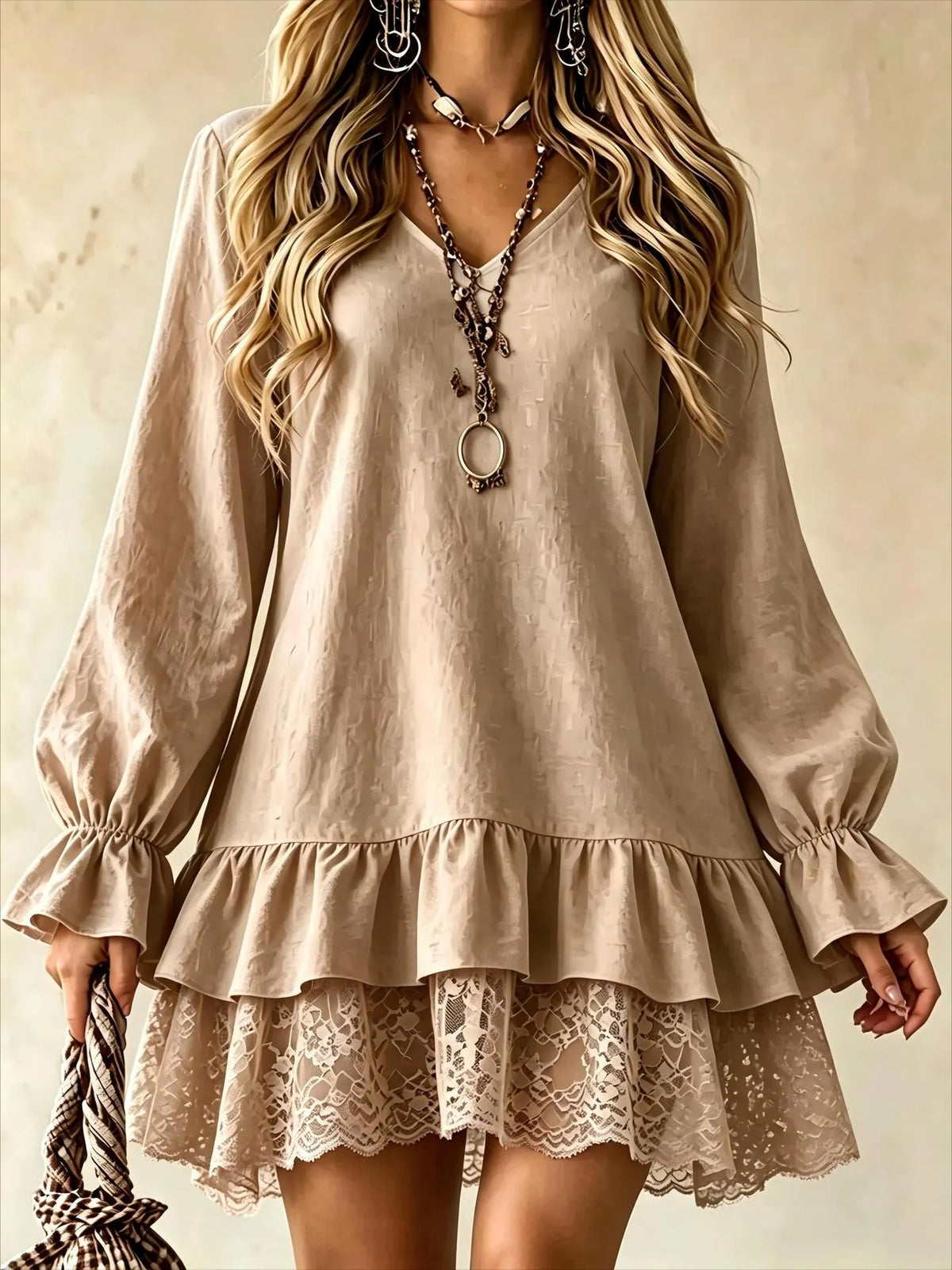 Long-Sleeve Dress with Lace Panels