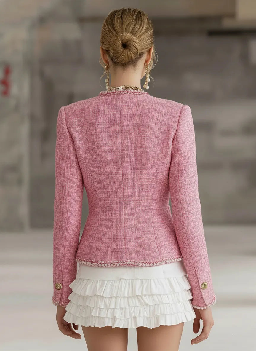 Designer Pink Tweed Patchwork White Trim Button Jacket
