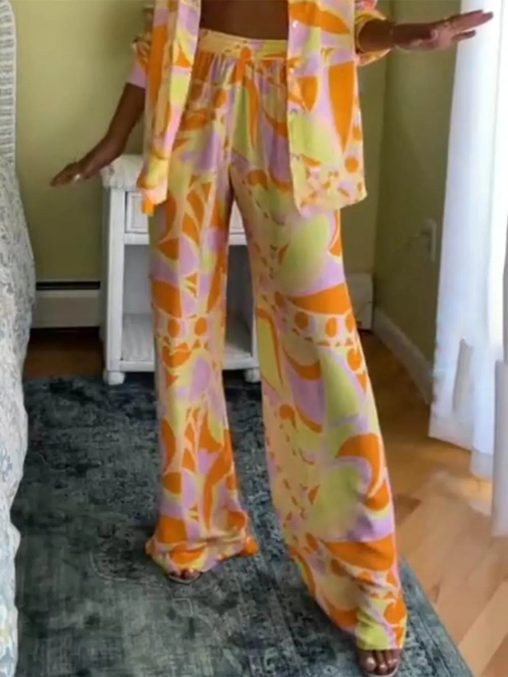 Classic Print Loose Waist Elastic Pocket Pants-Set