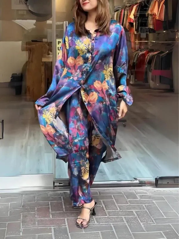 Women's lapel button-down printed shirt long coat and pants set