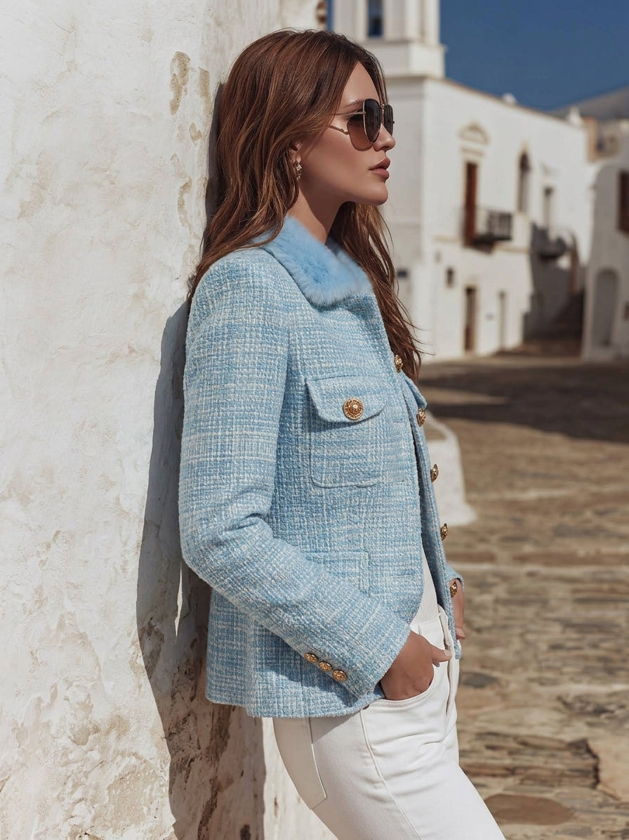 Riviera Coastal Sky Blue Tweed Faux Fur Collar Short Jacket