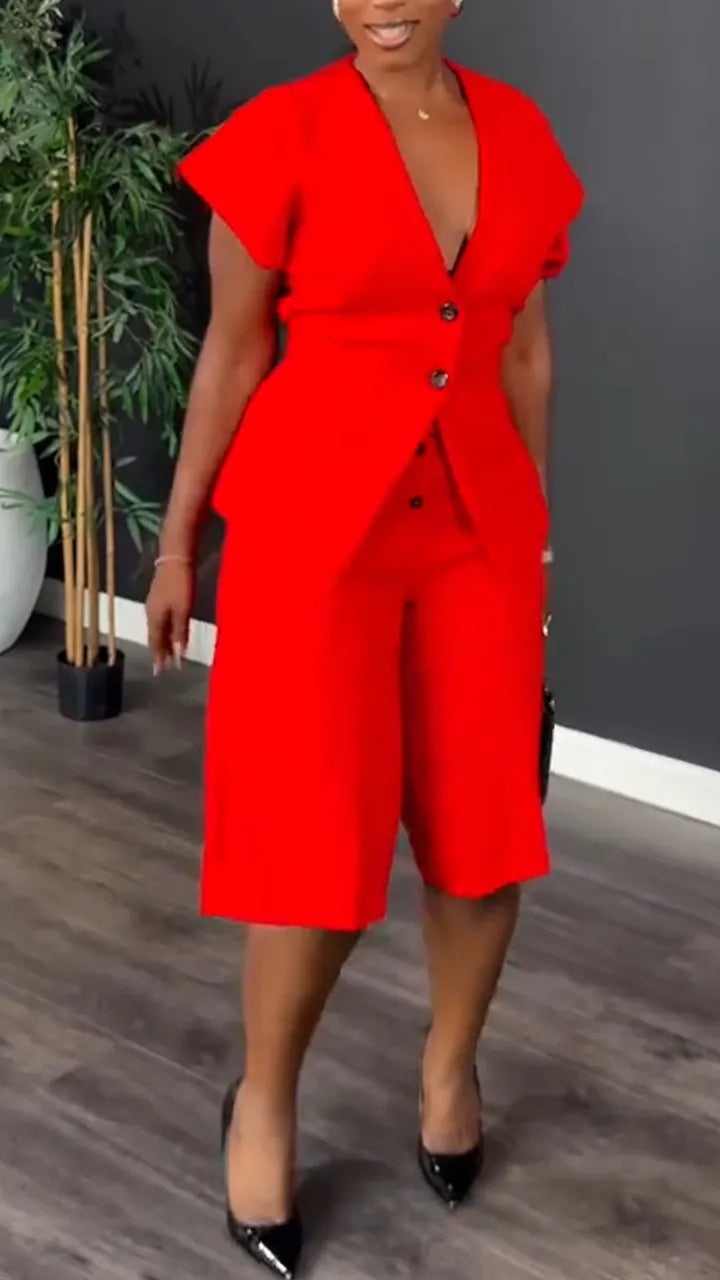 Womens V-neck Jacket+ Pants Casual Set with Temperament