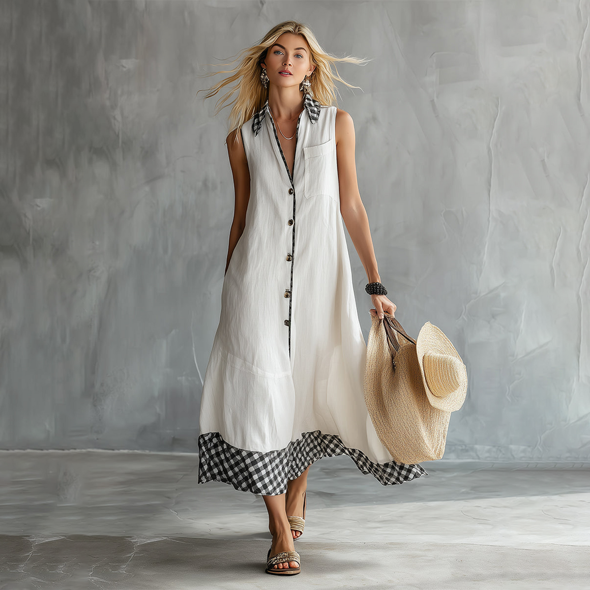 Spring Outfits Fashionable Resort-style Patterned Trim White Cotton-linen Blend Lapel-neck Sleeveless Maxi Dress