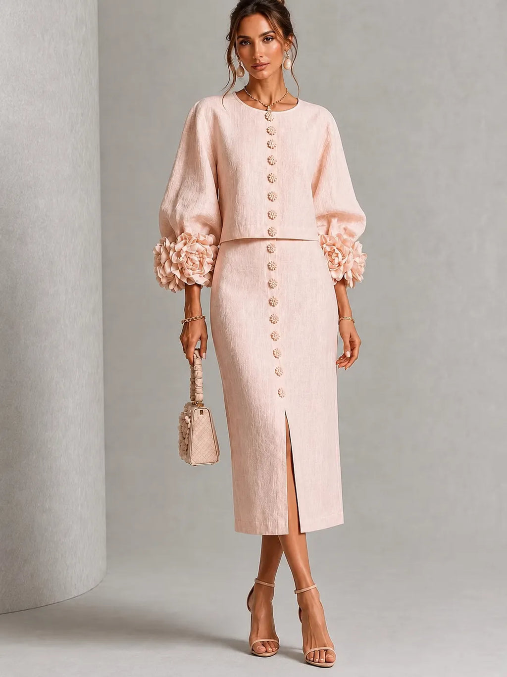 Blush 3D Floral Button Midi Two‐Piece Set