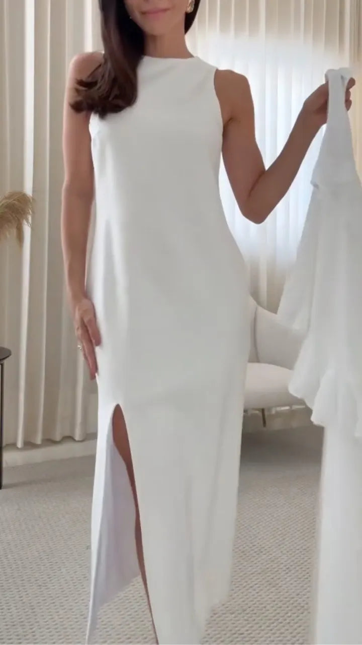 White Beaded Sleeveless Two‐Piece Maxi Dress