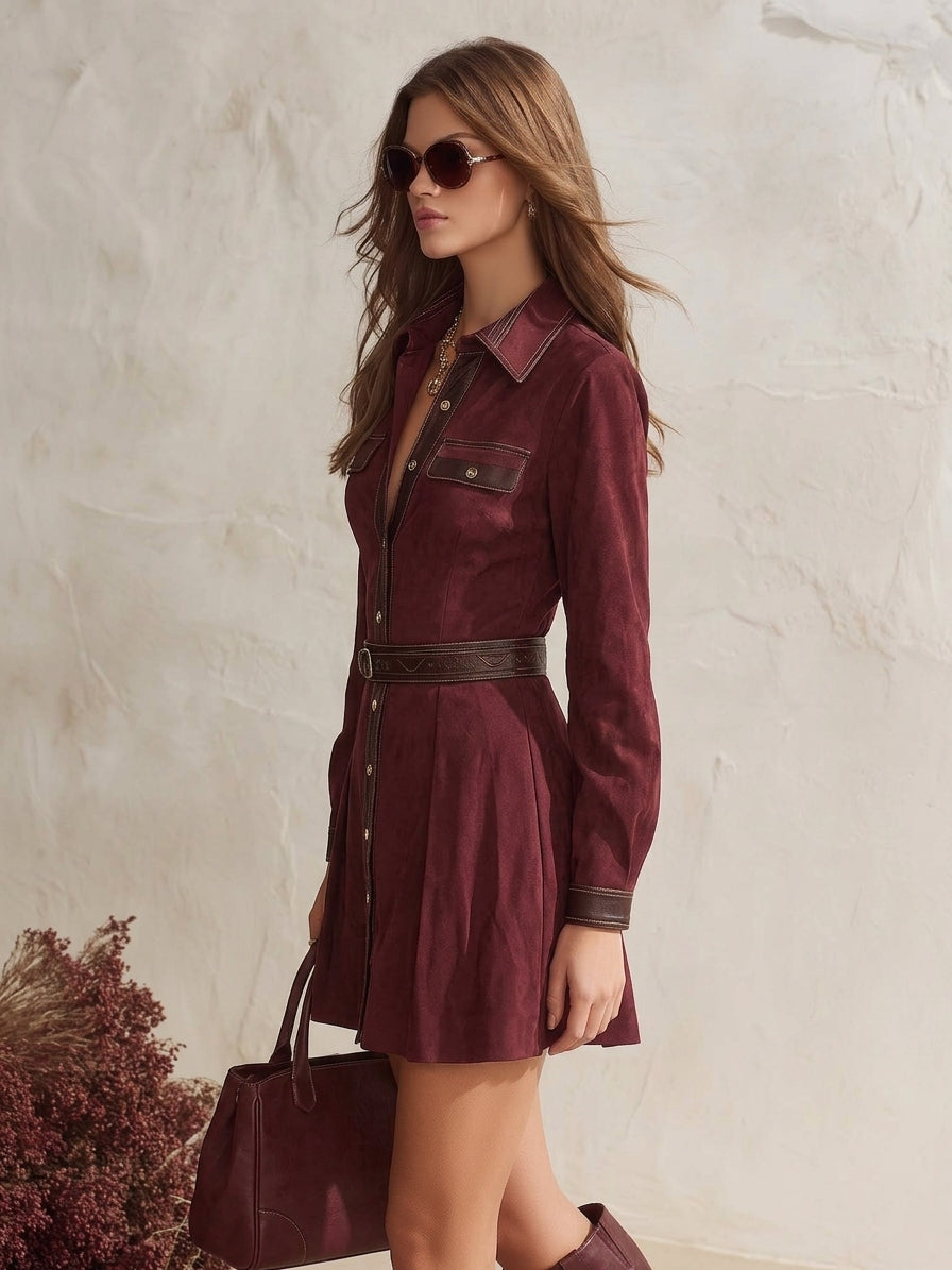 Desert Wander Burgundy Faux Suede Belted Mini Shirt Dress