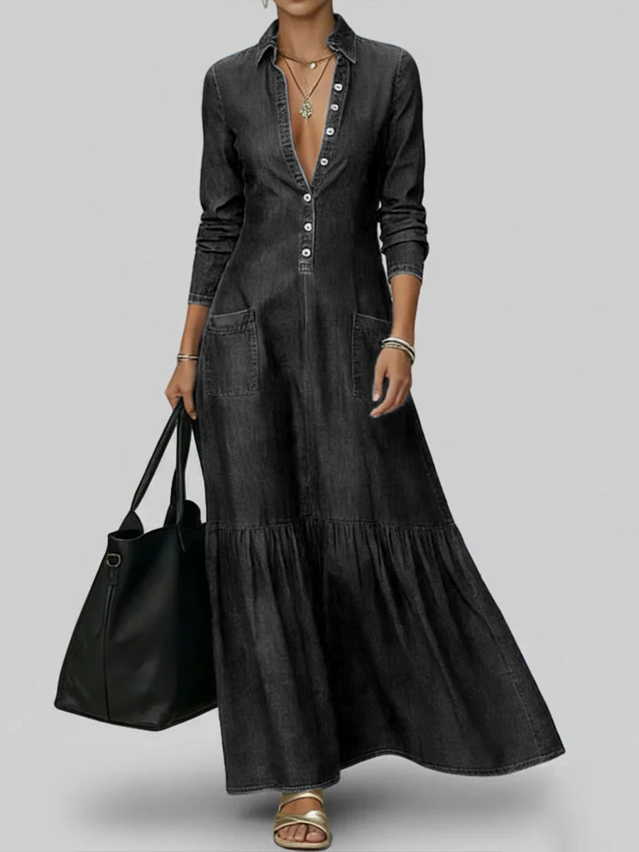 Women's Shirt Collar Long-sleeved Loose A-line Denim Dress