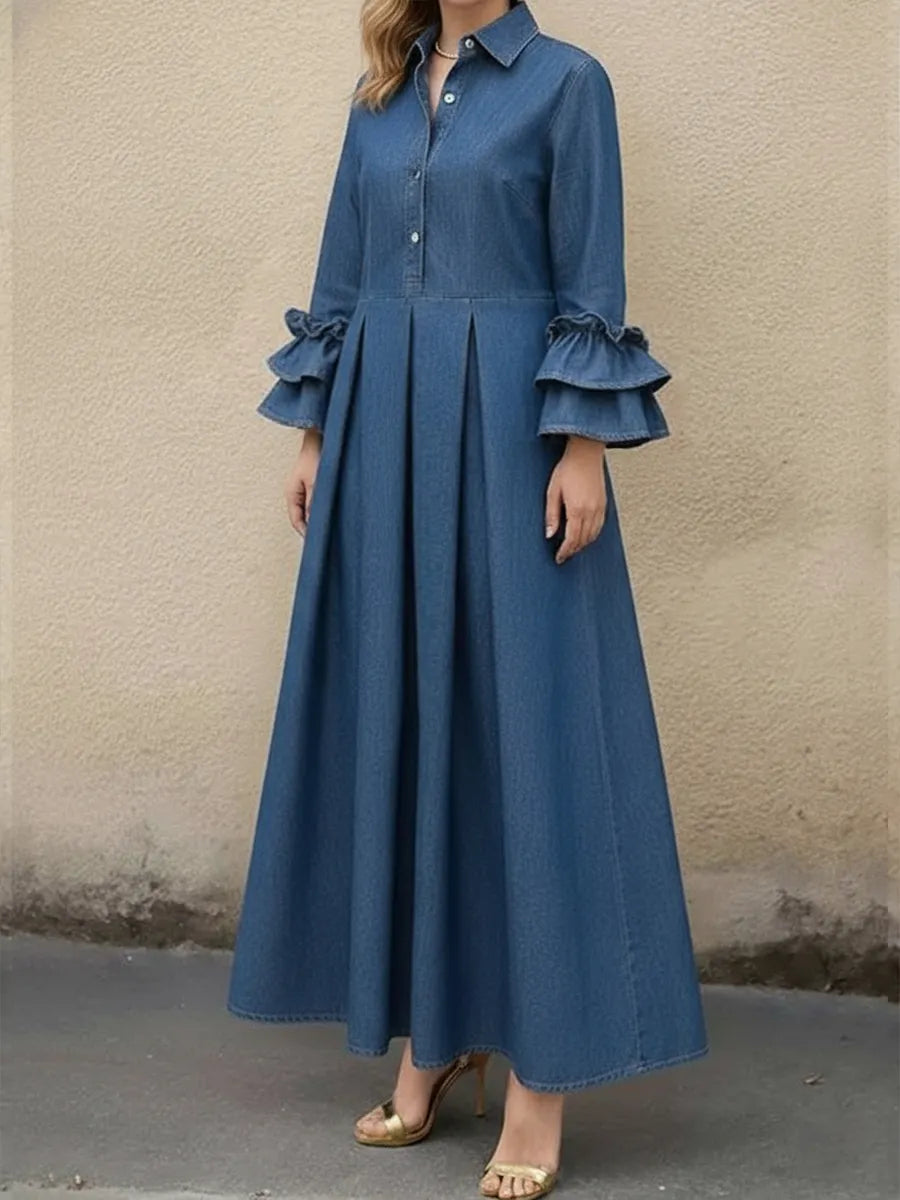 Women's Casual Denim Dress With Ruffled Sleeves