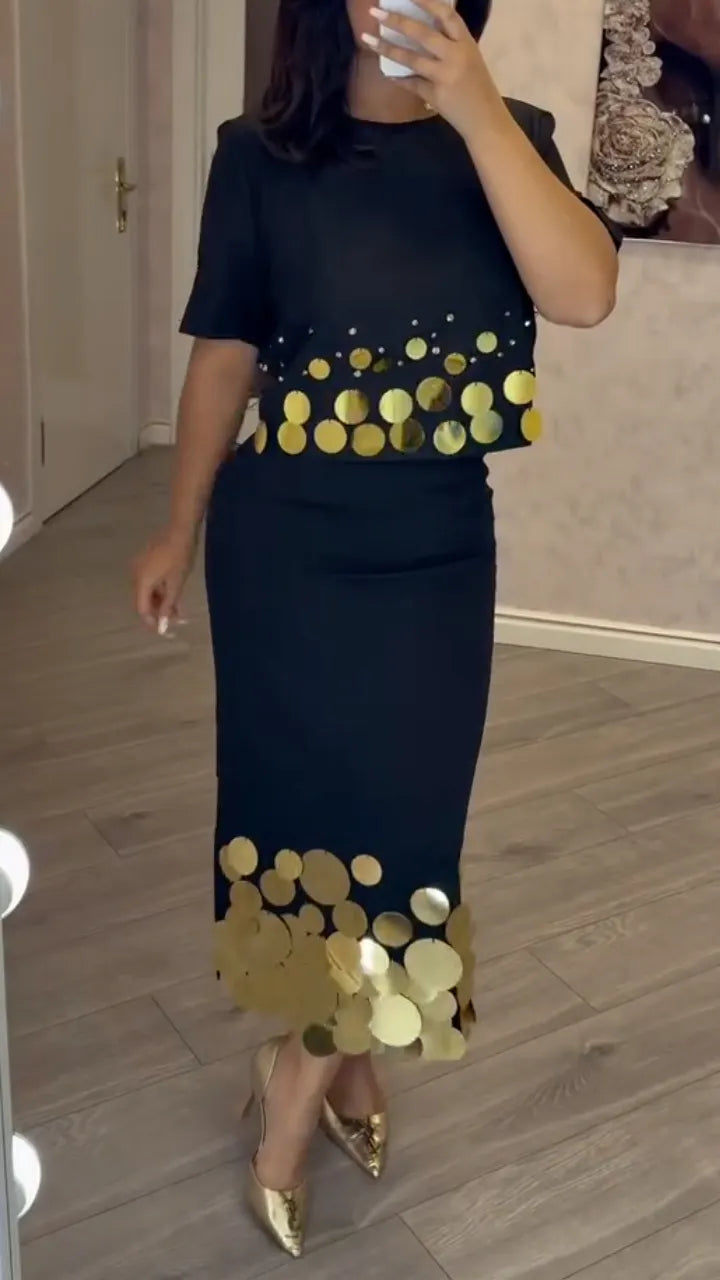 Black Gold Sequin Two‐Piece Skirt Set