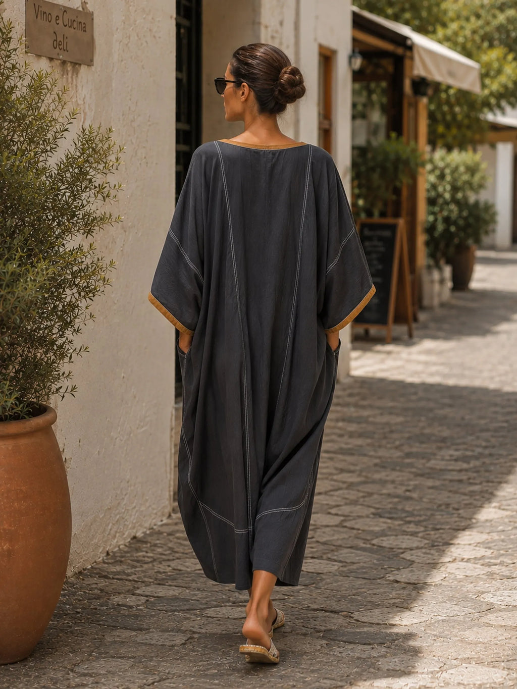 Women’s Contrast Trim Oversized Kaftan Dress With Utility Pockets