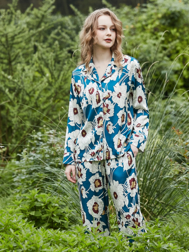 Blue Floral Pattern Ice Silk Long Sleeve Loungewear Set
