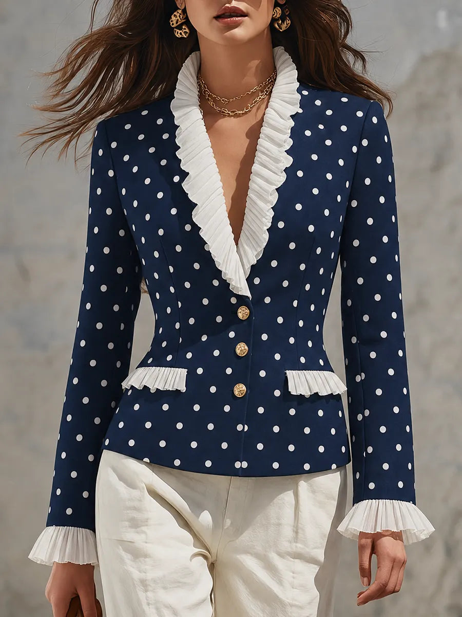 Vacation-style V-neck Polka-dot Ruffled Blazer