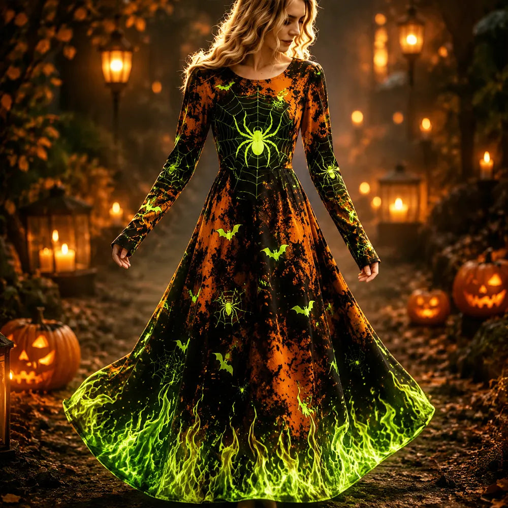 Women's Casual Long-sleeve Maxi Dress - Halloween Spider, Spiderweb, Bats & Green Flames Print