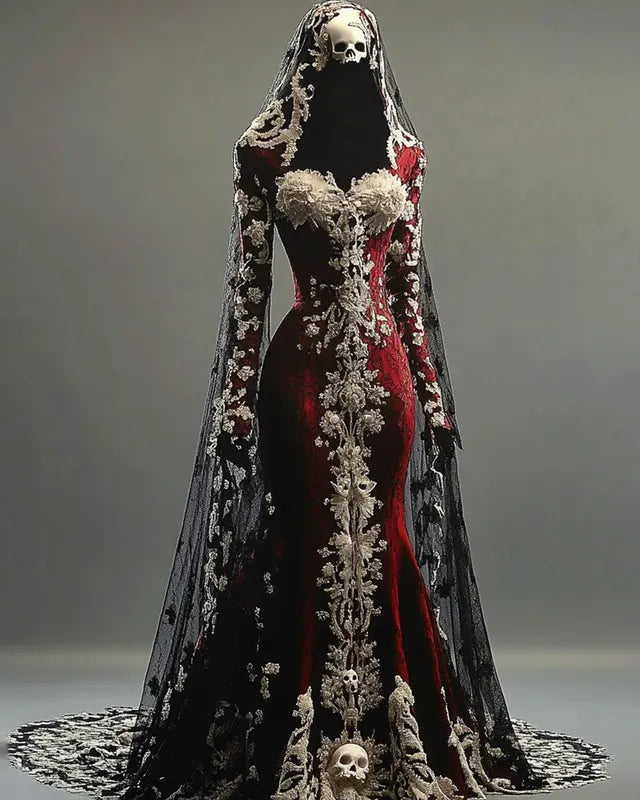 Halloween Contrasting Lace Embroidered Evening Dress 91c0