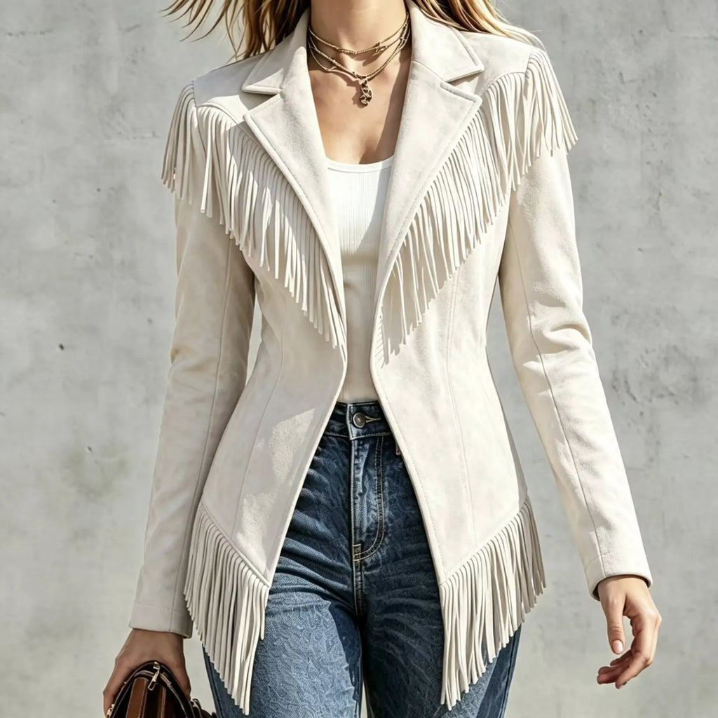 Fitted Faux‐suede Fringe Western Jacket