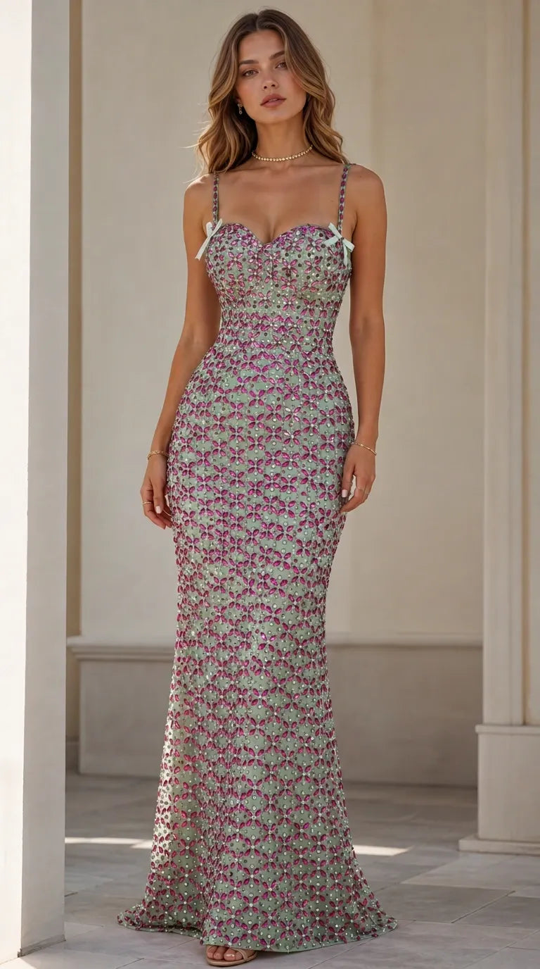 Sparkling Rhinestone Sweetheart Maxi Evening Gown with Bow Accents