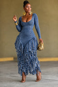 Long Sleeve U‐Neck Layered Fringe Maxi Dress