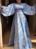 Round-Neck Polka-Dot Hollow Puff Sleeve Empire Maxi Dress