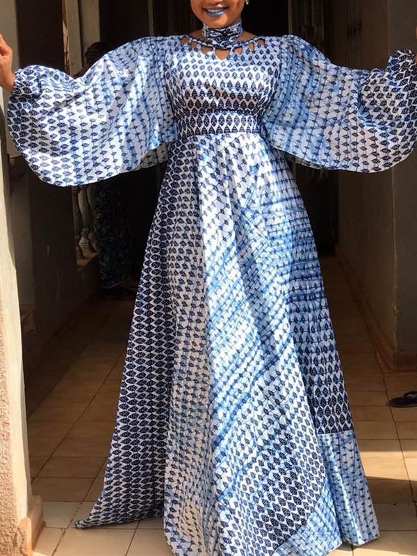 Round-Neck Polka-Dot Hollow Puff Sleeve Empire Maxi Dress