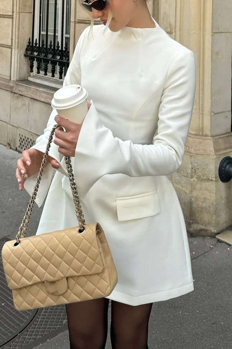 Women Round Neck Solid Color Splicing Elegant Temperament Dress