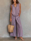 Tencel Button-Front Set – Sleeveless Top & Wide-Leg, Premium Value