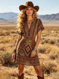Women's Western Cowboy Boho Printed Cotton Dress With V-Neck And Short Sleeve
