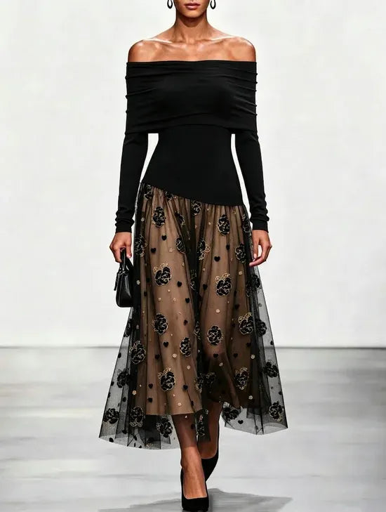 Black Knit Off The Shoulder Long Sleeve A-Line Maxi Dress
