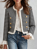 Resort-style Crew-neck Houndstooth Ruffle Jacket