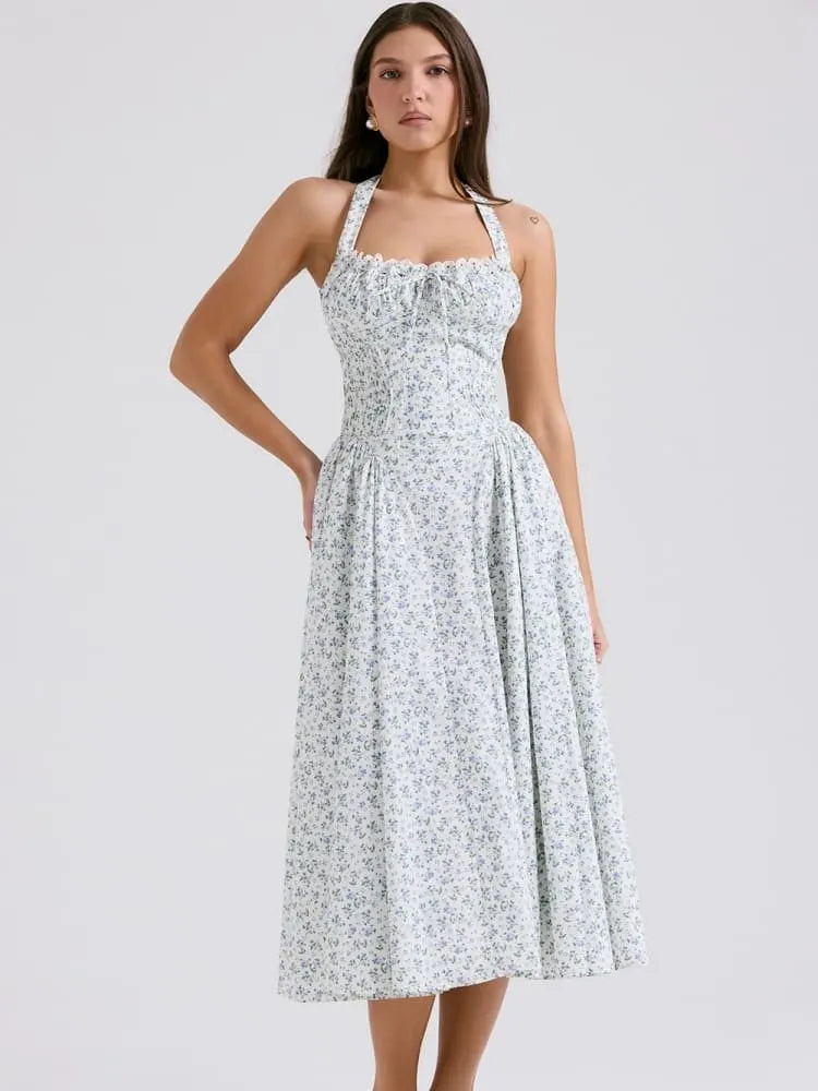 White Halter Backless Dress with Bluebell Floral Print