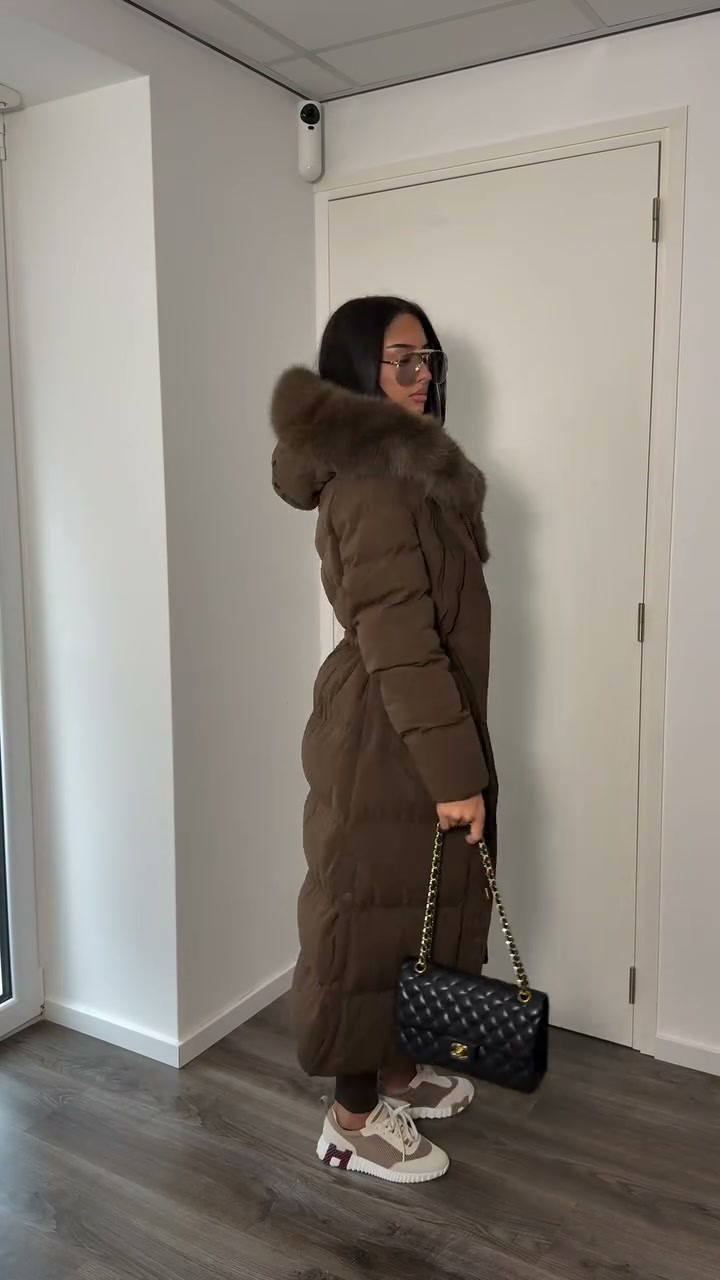 chocolate-brown-long-puffer-coat-faux-fur-hood-belted-maxi-coat