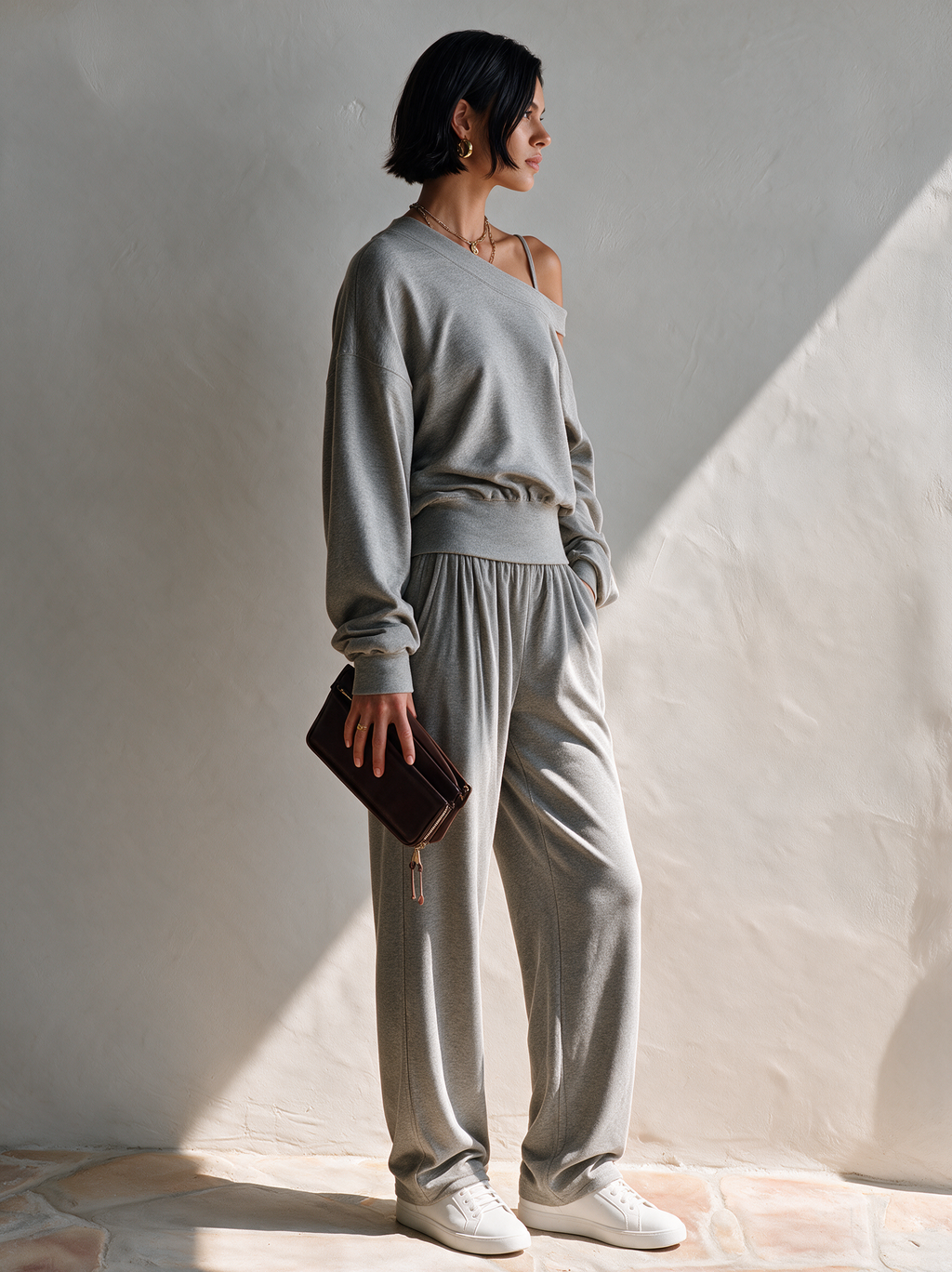 Women's Asymmetric Off-Shoulder Knit Sweat-Fabric Set MDZ0153I8ZRK