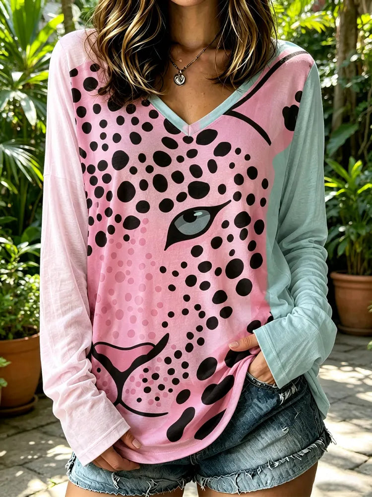 Women's Boho Style Light Blue Colorblock Leopard Long Sleeve Top