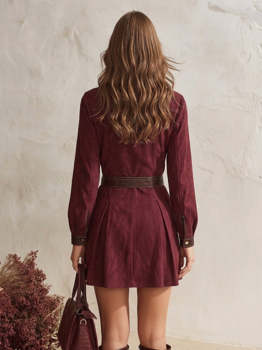 Desert Wander Burgundy Faux Suede Belted Mini Shirt Dress