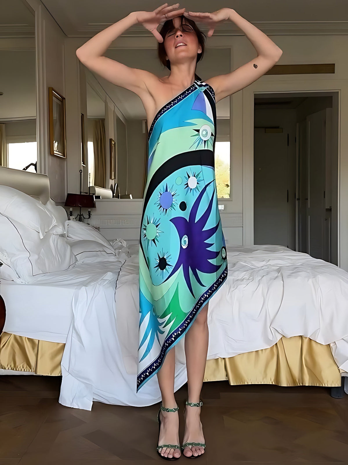 Stella Print Off-Shoulder Asymmetric Midi Dress