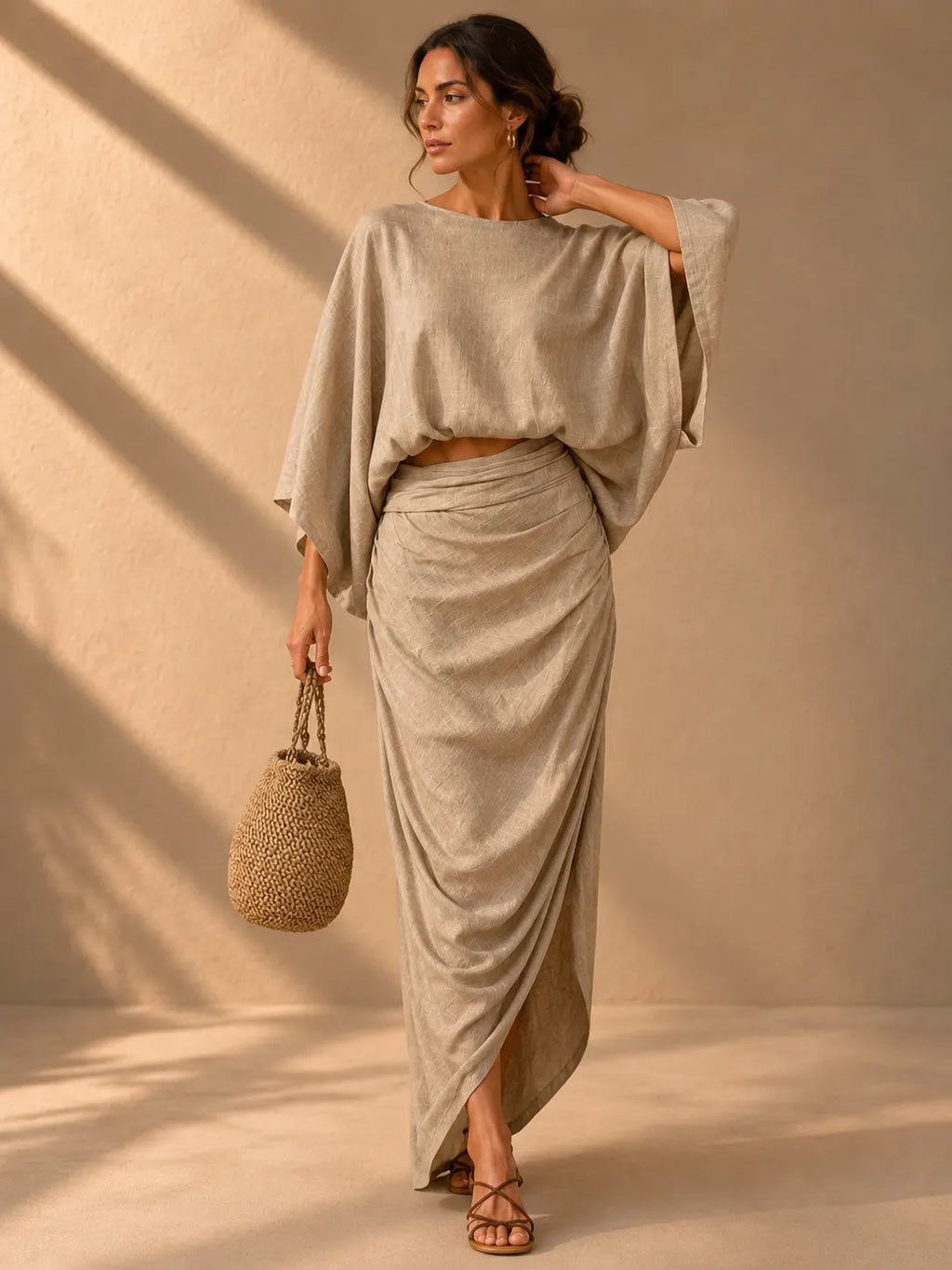 Linen Blend Batwing Top & Wrap Maxi Skirt Two‐Piece Set