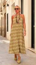 Women's Retro Print Halter Maxi Dress Sleeveless Flowy Resort Sundress