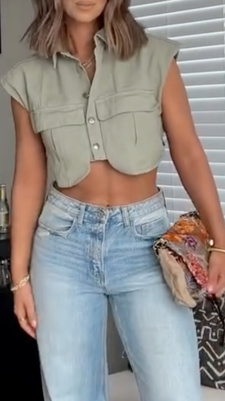 Sleeveless Cropped Cargo Vest & jeans Pant Two‐Piece Set