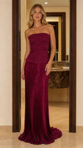 Strapless Ruched Stretch Maxi Dress with Flared Train