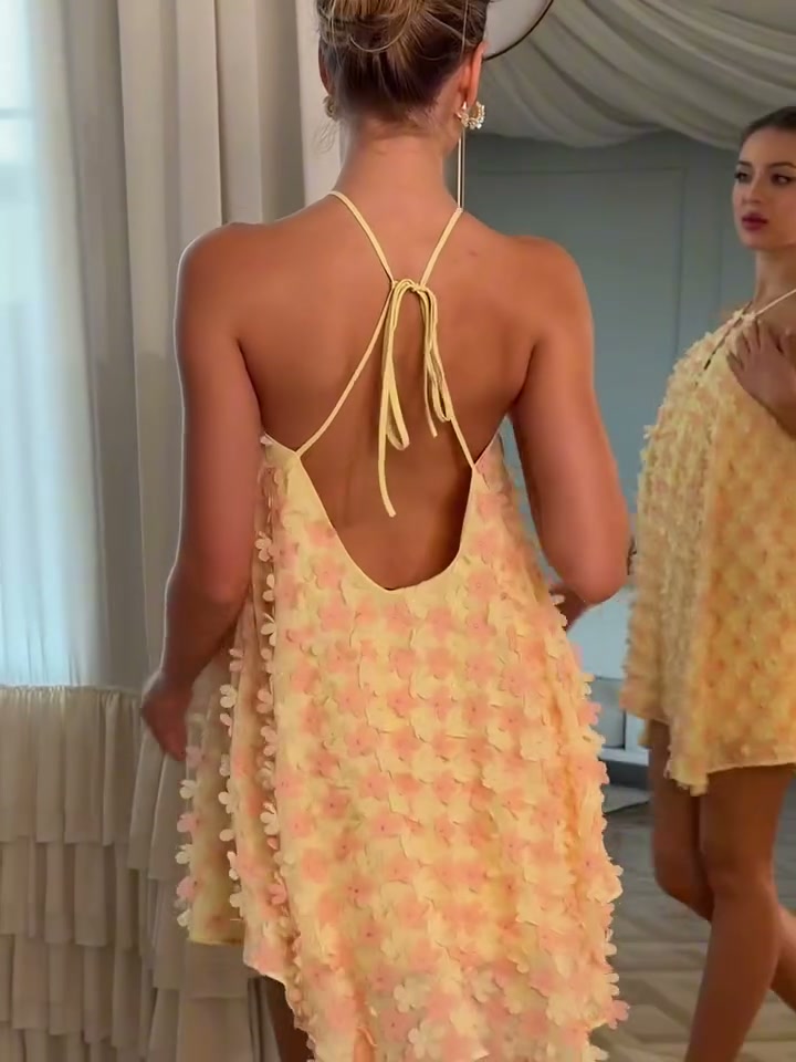 butter-yellow-3d-floral-halter-mini-dress-tiered-babydoll-party-dress