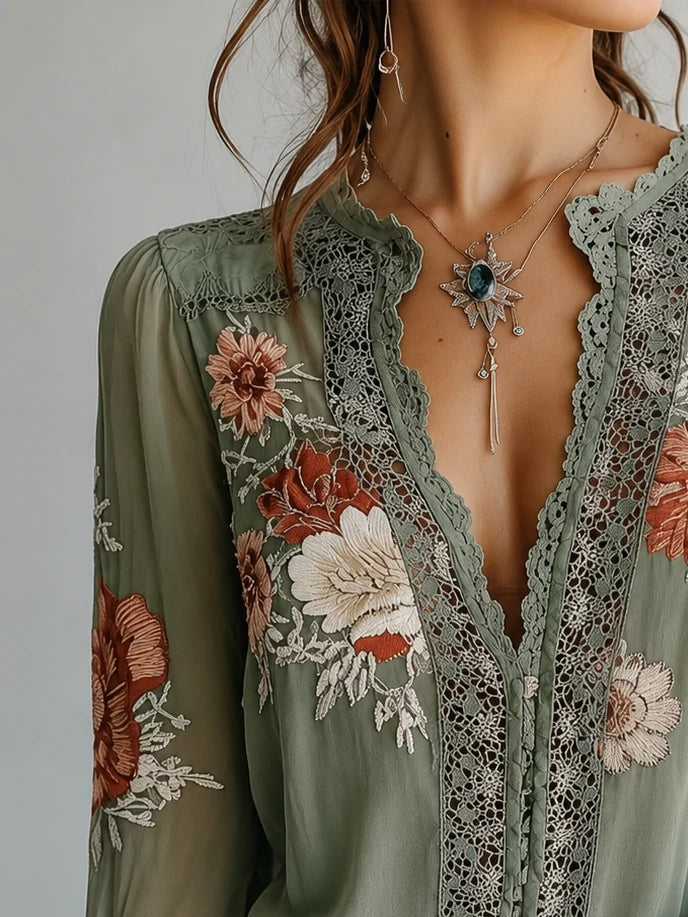 Bohemian Floral Printed Lace Blouse