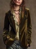 Boho Vintage Olive Velvet Jacket Black Edge Detail