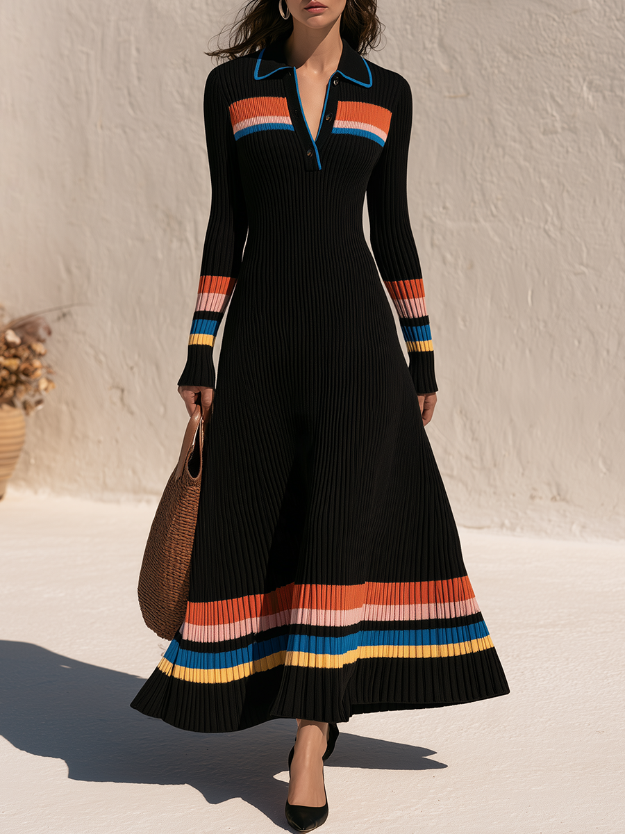 Retro-chic Rainbow Striped Knit Polo Maxi Dress