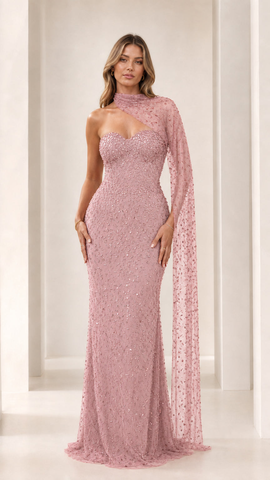 Sequined Beaded Sweetheart Evening Gown with Asymmetric Cape Drape