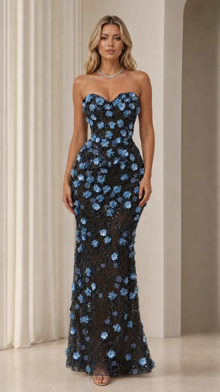 Strapless 3D Floral Applique Sequin Tulle Evening Gown