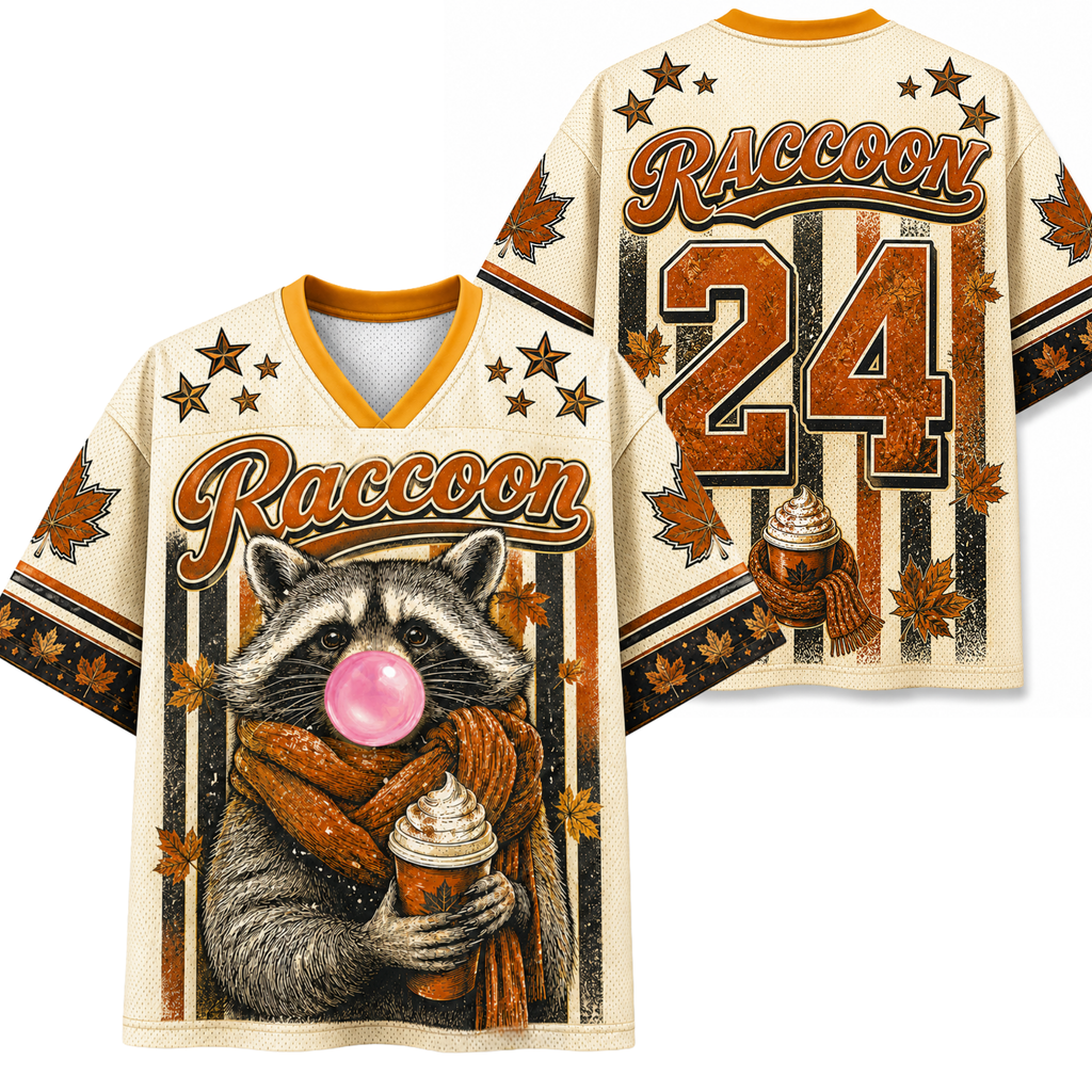 Chaotic Club Hello Fall Raccoon Blowing Bubble Mesh Jersey
