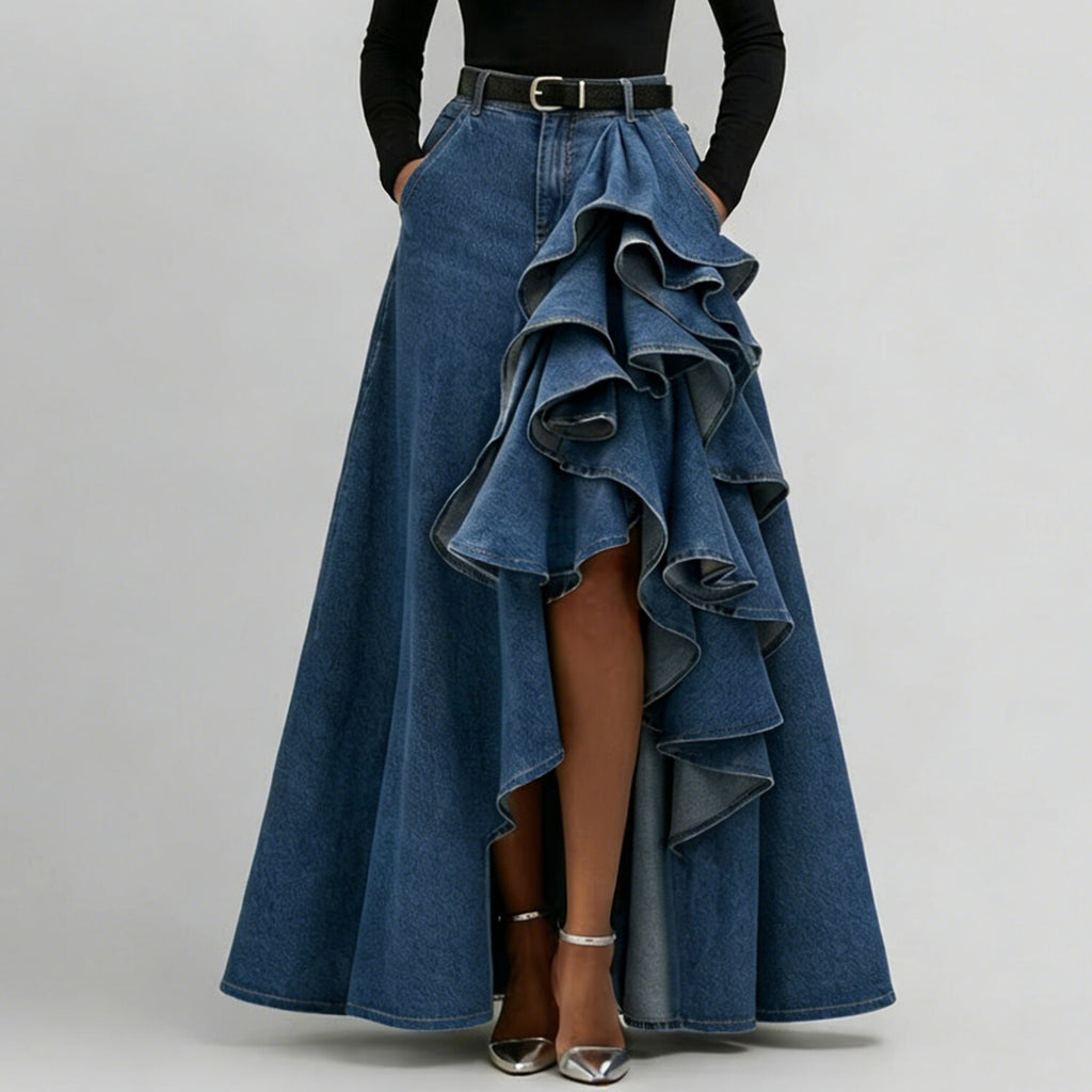Women's Ruffle Trim Asymmetric Hem Denim Maxi Skirt
